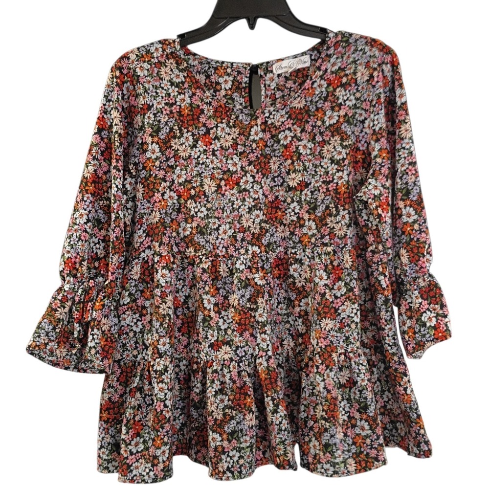 Stem Vine Women's Floral Flowers Pattern Blouse Top 3/4 Sleeve‎ Size Large L EUC